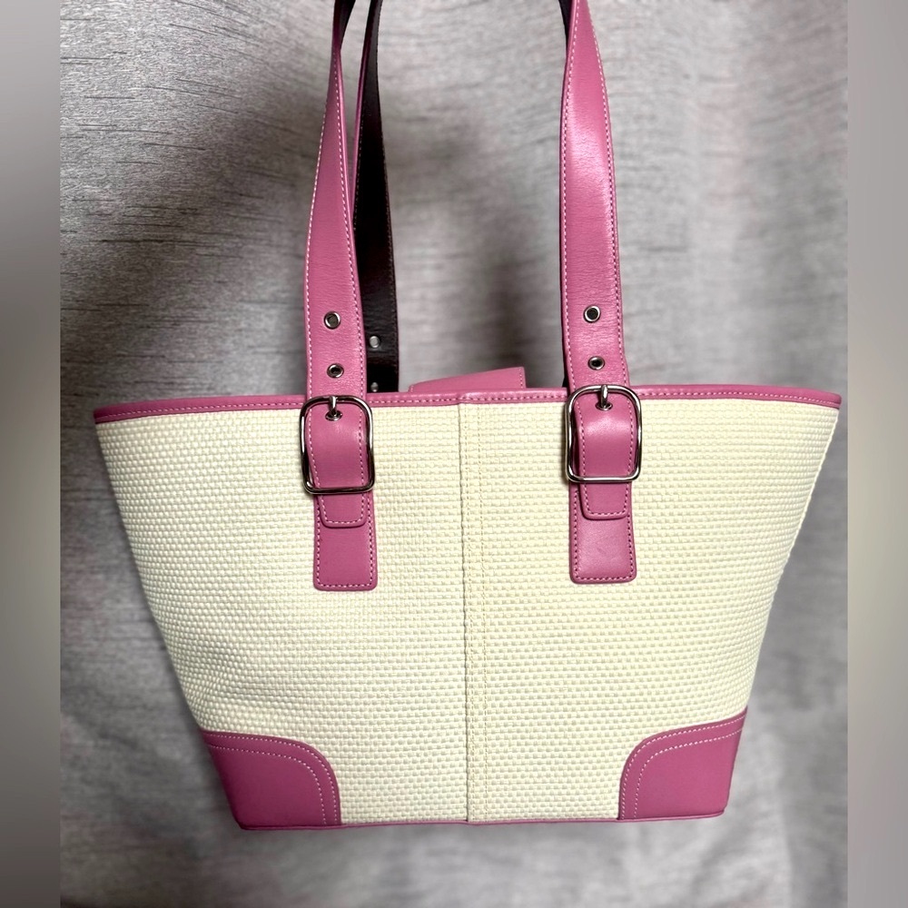 Coach NWOT 2004 Vintage - Ivory Straw & Pink Leather Tote w/ Dustbag & Care Card - Picture 9 of 15